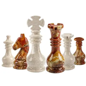 Monarch Gambit Luxury Chess Pieces Set | Handcrafted Red Onyx & Botticino Marble | Heirloom Quality Weighted Chessmen