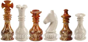 Monarch Gambit Luxury Chess Pieces Set | Handcrafted Red Onyx & Botticino Marble | Heirloom Quality Weighted Chessmen