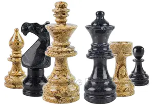 Premium Natural Marble Staunton Chess Set Pieces - Jet Black and Coral Hand-Carved Board Game Accessories