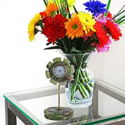 Green Onyx Sunflower Style Mini Clock – 4 Inch Decorative Stone Clock for Table, Shelf & Mantel Display