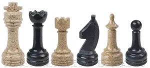 Handmade Jet Black and Tervera Fossil Stone Marble Chess Pieces Set – 32 Hand-Carved Natural Stone Chessmen with Felt Bottoms