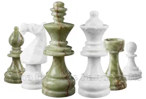 Natural Green Onyx and White Marble Chess Pieces Set - Artisan Crafted Staunton Chessmen for 16-Inch to 18-Inch Boards