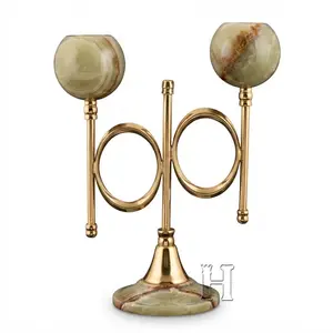 Natural Green Onyx Stone Dual Branch Cygnus Candle Holder with Gold Brass Accents – Luxury 2-Light Decorative Candelabra