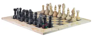 Luxury Burma Teak & Jet Black Marble Rustic Chess Set with Faux Leather Storage Box – Handmade Wooden & Stone Chessboard for Collectors and Gifting