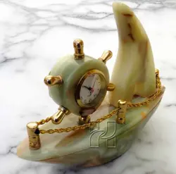 Hand-Carved Green Onyx Ship Clock with Gold Accents | Natural Stone Nautical Desk Decor