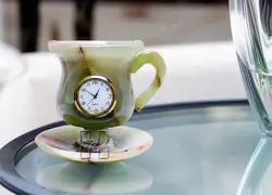Handcrafted 4x4 Inch Green Onyx Marble Cup Saucer Table Clock – Natural Stone Decorative Desk Clock for Home Office Décor