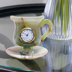 Handcrafted 4x4 Inch Green Onyx Marble Cup Saucer Table Clock – Natural Stone Decorative Desk Clock for Home Office Décor