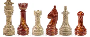 Premium Red Onyx and Coral Marble Chess Set – Hand-Carved Stone Chess Piece Set – Unique Home Decor Gift
