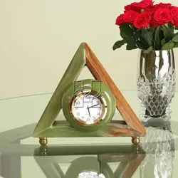 Handcrafted Triangular Green Onyx Clock with Brass Stand | Elegant Home or Office Decor