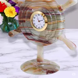 Hand-Carved Green Onyx Ship Wheel Clock | Natural Stone Nautical Desk Accessory for Home Office Decor