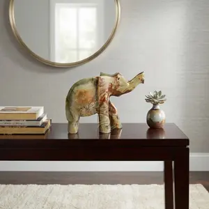 Handmade 4 Inch Green Onyx Elephant Figurine Trunk Up – Natural Genuine Stone Elephant Sculpture for Good Luck, Home Decor, and Office Desk Ornament