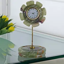 Green Onyx Sunflower Style Mini Clock – 4 Inch Decorative Stone Clock for Table, Shelf & Mantel Display