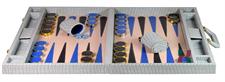 Luxury Faux Leather  Sky Blue Crocodile-Textured Backgammon Set with Dice Cups & 30 Gold/Silver Plated Checkers