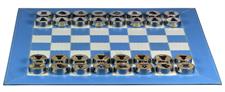 Luxury Sky Blue Leather Chess Set with Zig-Zag Stitching – Marble Checkers with Metallic Edges & Leather Storage Tube