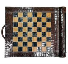 Imperial Gambit Brown Croco Leather Travel Roll-Up Chess Set – Luxury Portable Chess for On-the-Go Strategy