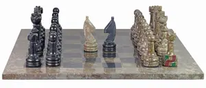 Oceanic  & Jet Black Marble Natural Stone Chess Set With Rustic Series Chess Pieces 