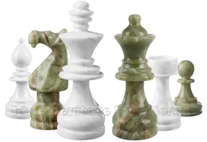 Natural Green Onyx and White Marble Chess Pieces Set - Artisan Crafted Staunton Chessmen for 16-Inch to 18-Inch Boards