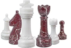 Premium Red Zebra Stone and White Marble Chess Set, Professional Tournament Size Luxury Chess Board