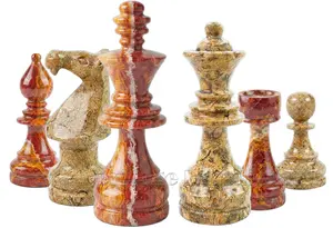 Exquisite Artisan Carved Red Onyx and Coral Marble Staunton Chessmen Set – Premium Heavyweight Stone Chess Pieces Set