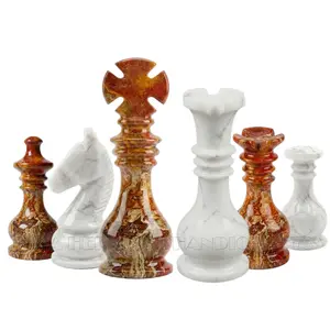 Premium Monarch Gambit Chess Pieces | Hand-Carved Red Onyx and White Marble Luxury Set for Collectors