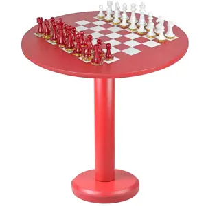 16-Inch Crimson Red Leather Chess Table – Rounded Luxury Game Table for Home Decor- hinaheritagehandicraft