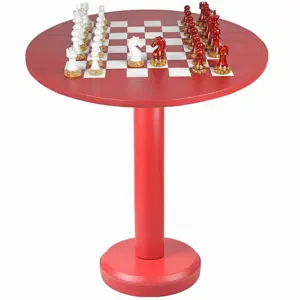 16-Inch Crimson Red Leather Chess Table – Rounded Luxury Game Table for Home Decor- hinaheritagehandicraft