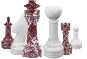 Premium Red Zebra Stone and White Marble Chess Set, Professional Tournament Size Luxury Chess Board