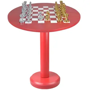 16-Inch Crimson Red Leather Chess Table – Rounded Luxury Game Table for Home Decor- hinaheritagehandicraft