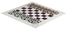 Portable White Leather Chess Set – Roll-Up Design, Zig-Zag Stitching, Marble & Metal Checkers, Storage Tube Included