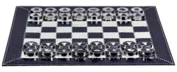 Luxury Dark Blue Croco Leather Roll Up Chess Set with Marble Checkers and Leather Storage Tube