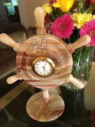 Hand-Carved Green Onyx Ship Wheel Clock | Natural Stone Nautical Desk Accessory for Home Office Decor