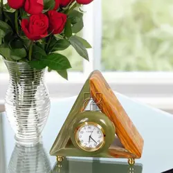 Handcrafted Triangular Green Onyx Clock with Brass Stand | Elegant Home or Office Decor