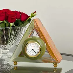 Handcrafted Triangular Green Onyx Clock with Brass Stand | Elegant Home or Office Decor