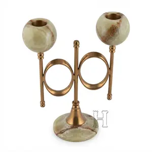 Natural Green Onyx Stone Dual Branch Cygnus Candle Holder with Gold Brass Accents – Luxury 2-Light Decorative Candelabra