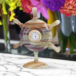 Hand-Carved Green Onyx Ship Wheel Clock | Natural Stone Nautical Desk Accessory for Home Office Decor