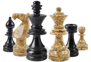 Premium Natural Marble Staunton Chess Set Pieces - Jet Black and Coral Hand-Carved Board Game Accessories