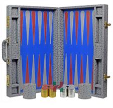 Luxury Gray Ostrich-Textured Faux Leather Backgammon Attache – 21x14x3” Case with Inlaid Playing Points