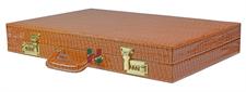 Tan Crocodile Textured Faux Leather Backgammon Attache Set with Gold & Silver Plated Metallic Edge Checkers and 2 Dice Cups