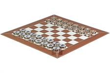 Luxury Walnut Brown Leather Rollup Chess Set – Marble Checkers, Metallic Trim, Zig-Zag Stitching & Leather Storage Tube