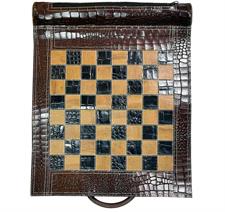 Imperial Gambit Brown Croco Leather Travel Roll-Up Chess Set – Luxury Portable Chess for On-the-Go Strategy