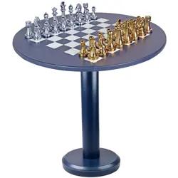 16-Inch Navy Blue Leather Chess Table with Handcrafted Brass Chess Pieces – hinaheritagehandicraft