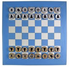 Luxury Sky Blue Leather Chess Set with Zig-Zag Stitching – Marble Checkers with Metallic Edges & Leather Storage Tube