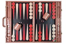 Luxury Pink Crocodile-Textured Faux Leather Attache Backgammon Set with Inlaid Playing Points and Dice Cups