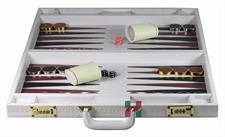 Luxury White Faux Leather Attache Backgammon Set with Dice Cups, 15 Silver & 15 Gold Plated Edge Checkers