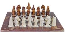 Royal Bishop Series Red Onyx & Botticino Marble Chess Set with Faux Leather Storage Box – Luxury Handmade Stone Chessboard