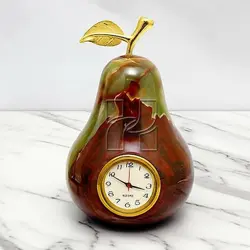 Hand-Carved Peach Shape Green Onyx Clock – Elegant Natural Stone Décor for Home and Office
