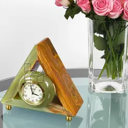 Handcrafted Triangular Green Onyx Clock with Brass Stand | Elegant Home or Office Decor