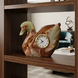 Green Onyx Swan Shape Clock – Handcrafted Natural Stone Desk & Table Clock