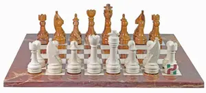 Handcrafted Luxury Red Onyx and Botticino Marble Chess Set - Premium 16-inch Decorative Stone Chess Board for Home Decor
