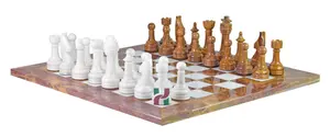 Luxurious Red Onyx & White Marble Chess Set with PU Leather Storage Box – Handmade, Elegant, and Durable